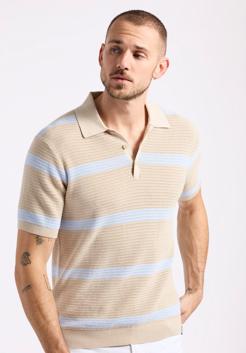 Winder Men's Short-Sleeve Striped Sweater Polo, Peyote Beige - BM24549