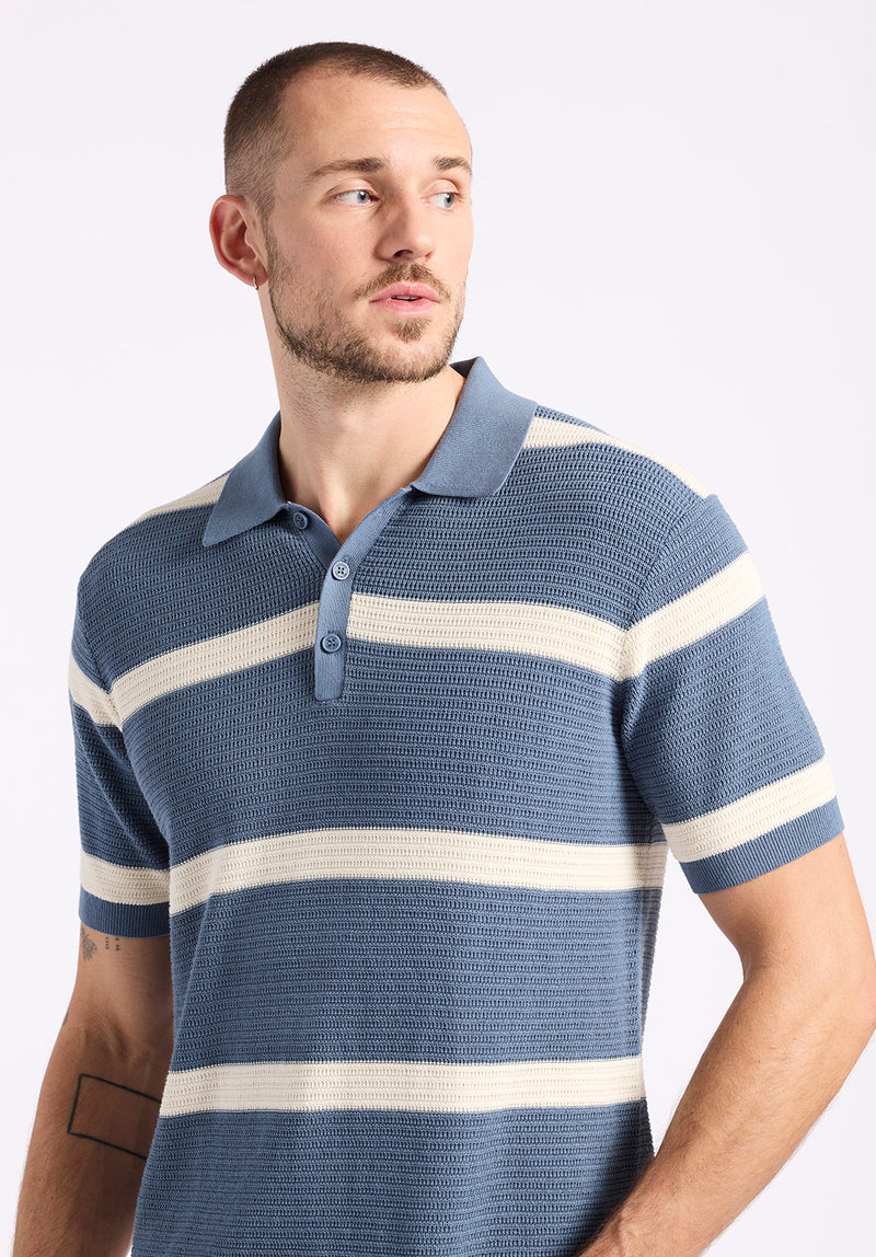 Polo en maille rayé à manches courtes pour homme Winder, Bleu mirage - BM24549