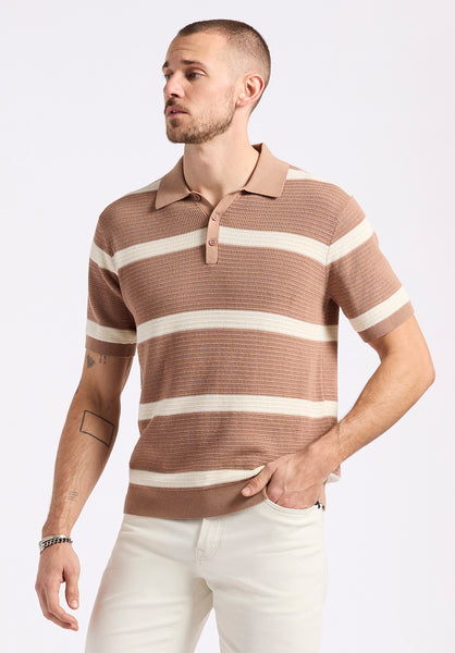 Winder Men's Short-Sleeve Striped Sweater Polo, Woodsmoke Brown - BM24549