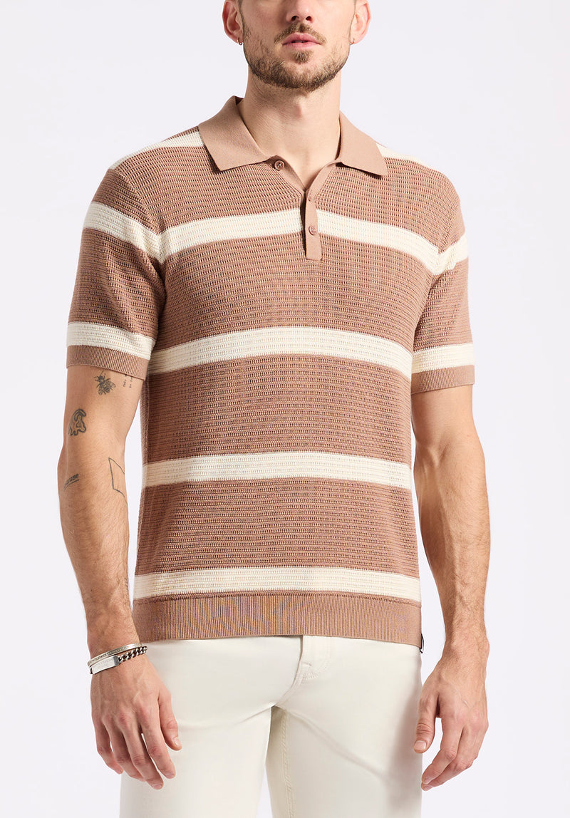 Winder Men's Short-Sleeve Striped Sweater Polo, Woodsmoke Brown - BM24549