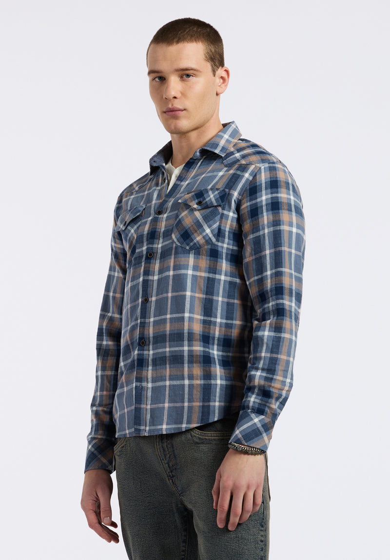 Sierra Men's Long-Sleeve Plaid Button-Down Fitted Shirt, Moonlight Blue - BM24551