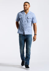 Salaman Men's Short-Sleeve Patterned Button-Up Shirt with Chest Pockets, Moonlight Blue - BM24552