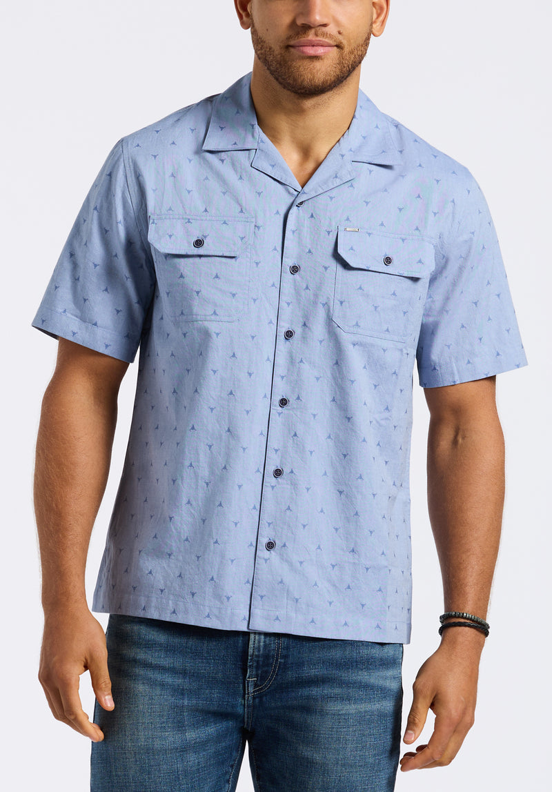 Salaman Men's Short-Sleeve Patterned Button-Up Shirt with Chest Pockets, Moonlight Blue - BM24552