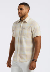 Sagrino Men's Short-Sleeve Plaid Button-Up Fitted Shirt with Chest Pockets, Milk - BM24553