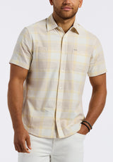 Sagrino Men's Short-Sleeve Plaid Button-Up Fitted Shirt with Chest Pockets, Milk - BM24553