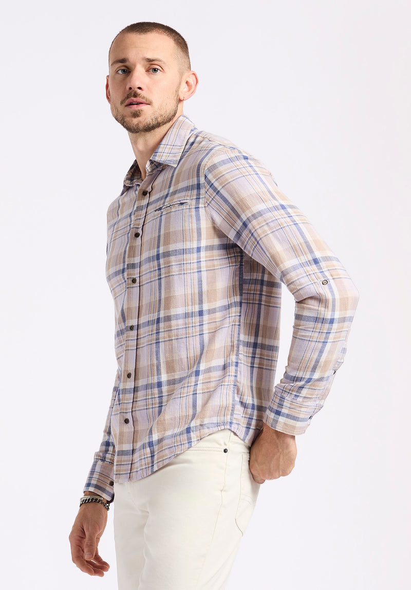 Simbio Men's Long-Sleeve Plaid Button-Up Fitted Shirt, Beige & Blue - BM24596