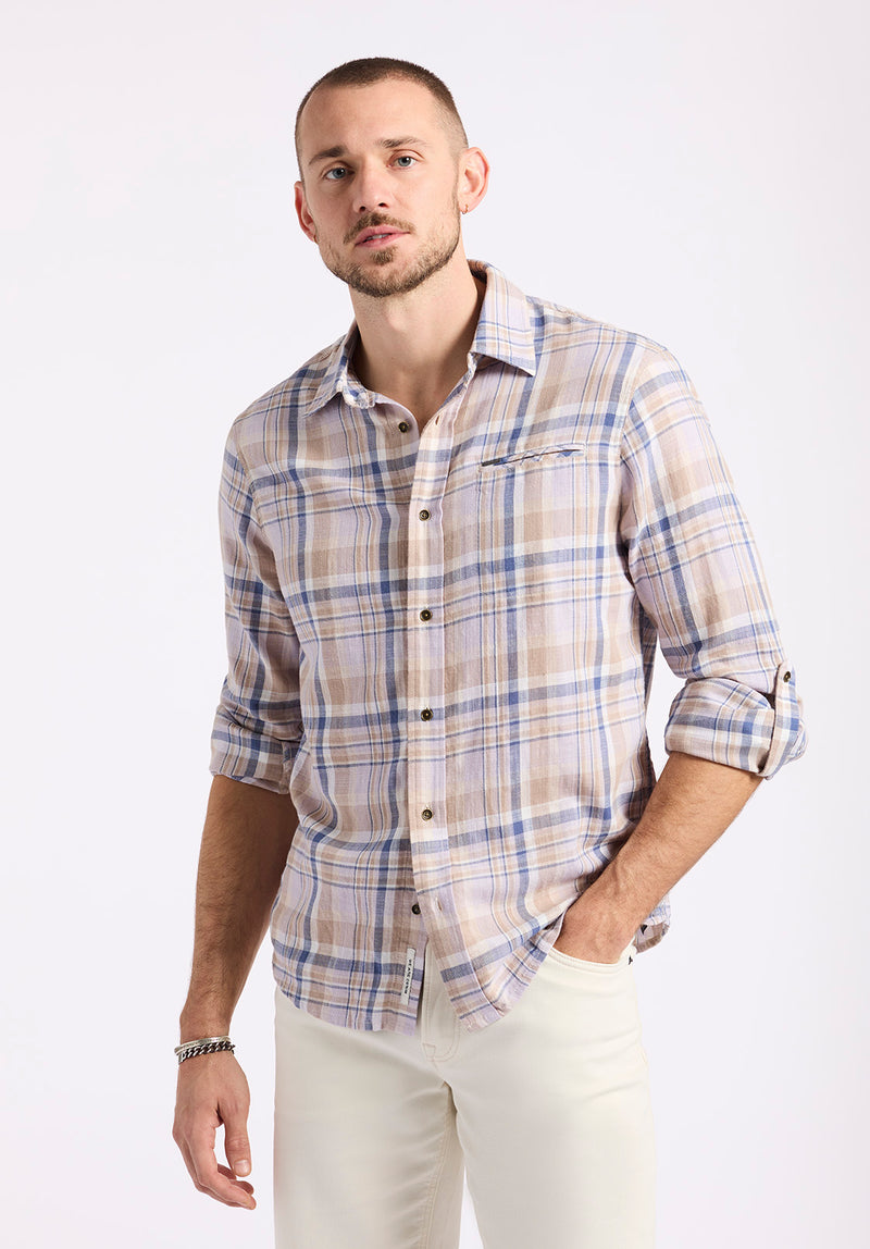 Chemise ajustée à manches longues à carreaux pour homme Simbio, Beige & Bleu - BM24596