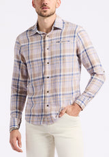 Simbio Men's Long-Sleeve Plaid Button-Up Fitted Shirt, Beige & Blue - BM24596