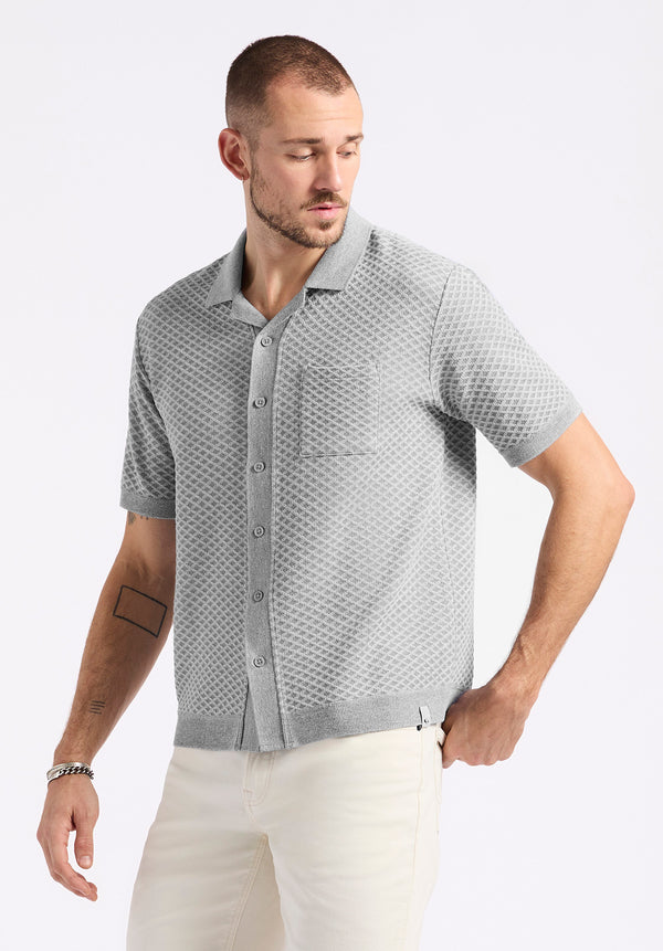 Polo boutonné en jersey jacquard à manches courtes pour homme Willow, Gris chiné - BM24600