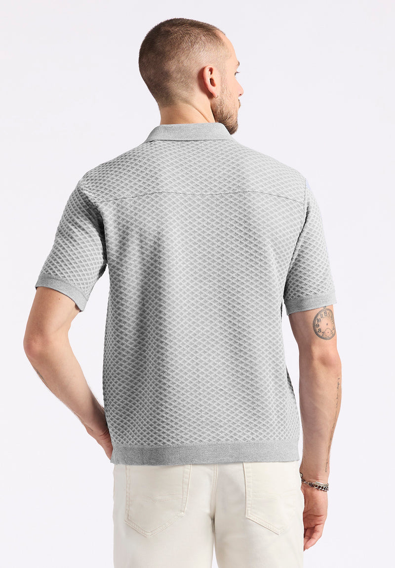 Polo boutonné en jersey jacquard à manches courtes pour homme Willow, Gris chiné - BM24600