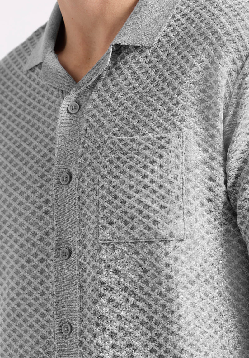 Polo boutonné en jersey jacquard à manches courtes pour homme Willow, Gris chiné - BM24600