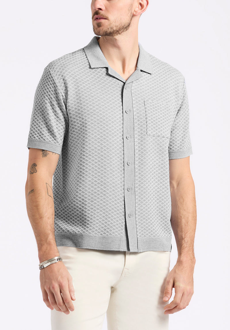 Polo boutonné en jersey jacquard à manches courtes pour homme Willow, Gris chiné - BM24600