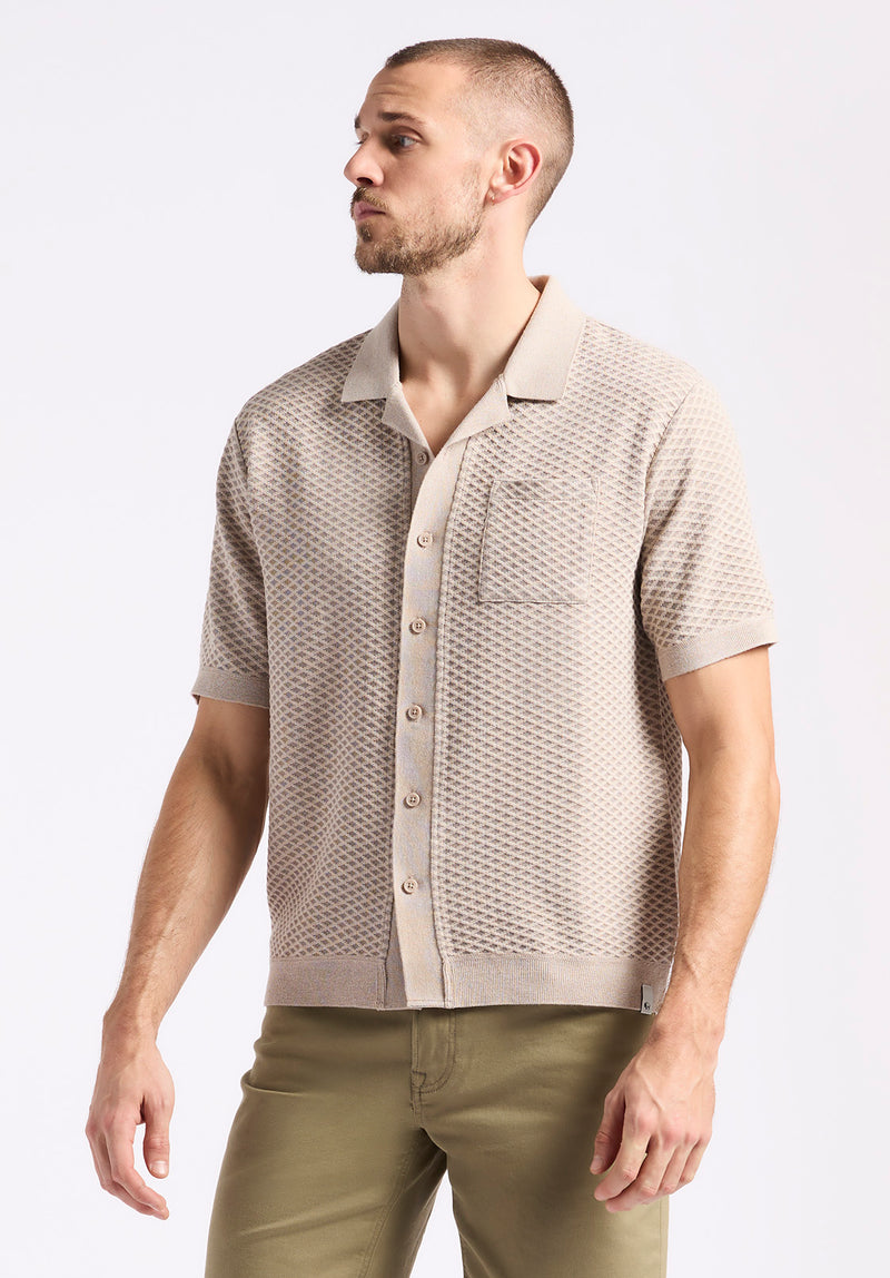 Willow Men's Short Sleeve Jacquard Jersey Button-Up Sweater, Tuffet Beige - BM24600