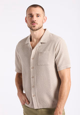 Willow Men's Short Sleeve Jacquard Jersey Button-Up Sweater, Tuffet Beige - BM24600