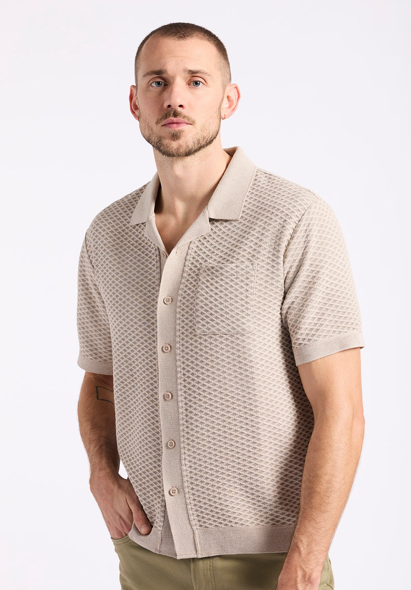 Polo boutonné en jersey jacquard à manches courtes pour homme Willow, Beige tuffet - BM24600