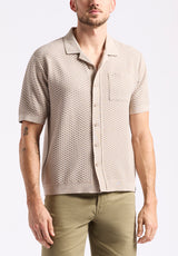 Willow Men's Short Sleeve Jacquard Jersey Button-Up Sweater, Tuffet Beige - BM24600