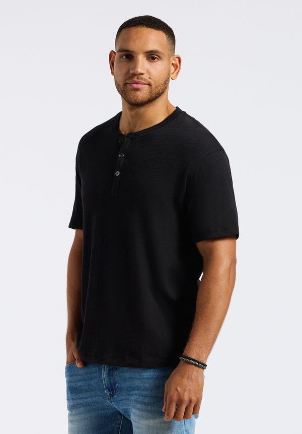 T-shirt Henley en jersey flammé coupe décontractée à manches courtes pour homme Kandido, Noir - BM24605