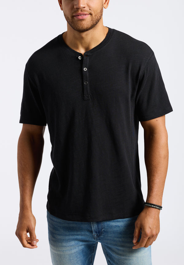 T-shirt Henley en jersey flammé coupe décontractée à manches courtes pour homme Kandido, Noir - BM24605