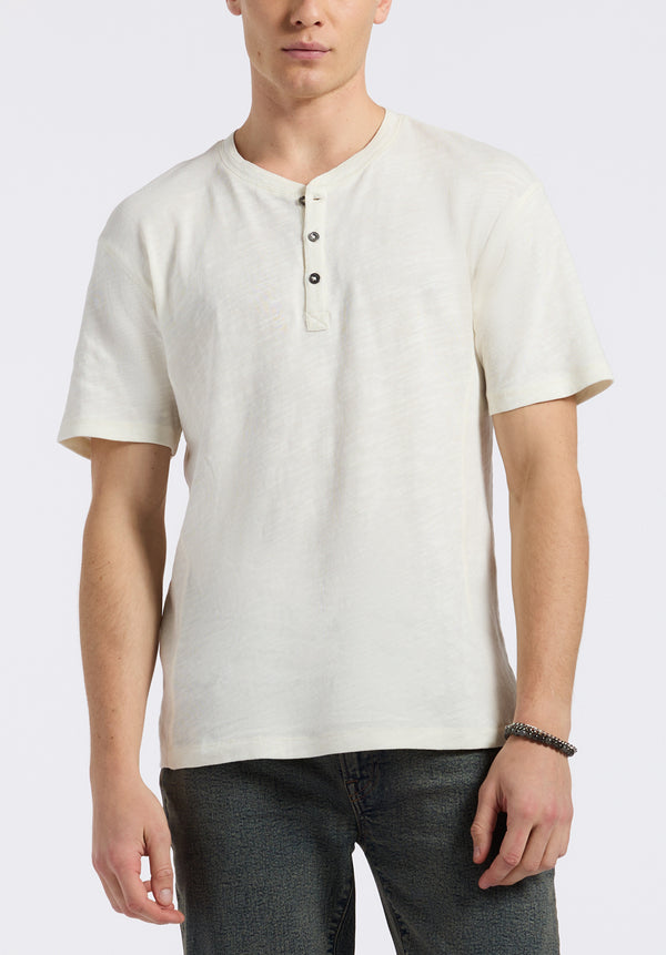 T-shirt Henley en jersey flammé coupe décontractée à manches courtes pour homme Kandido, Blanc - BM24605