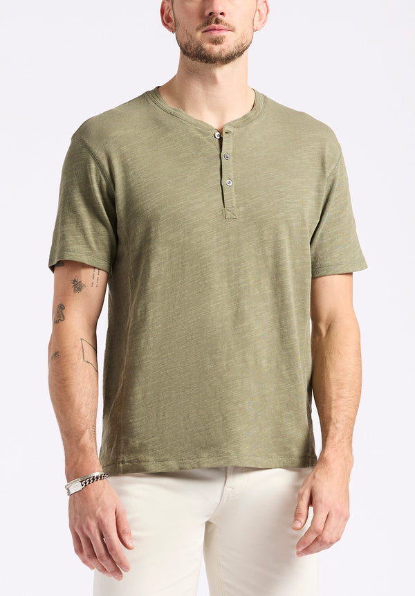 T-shirt Henley en jersey flammé coupe décontractée à manches courtes pour homme Kandido, Vert armée - BM24605