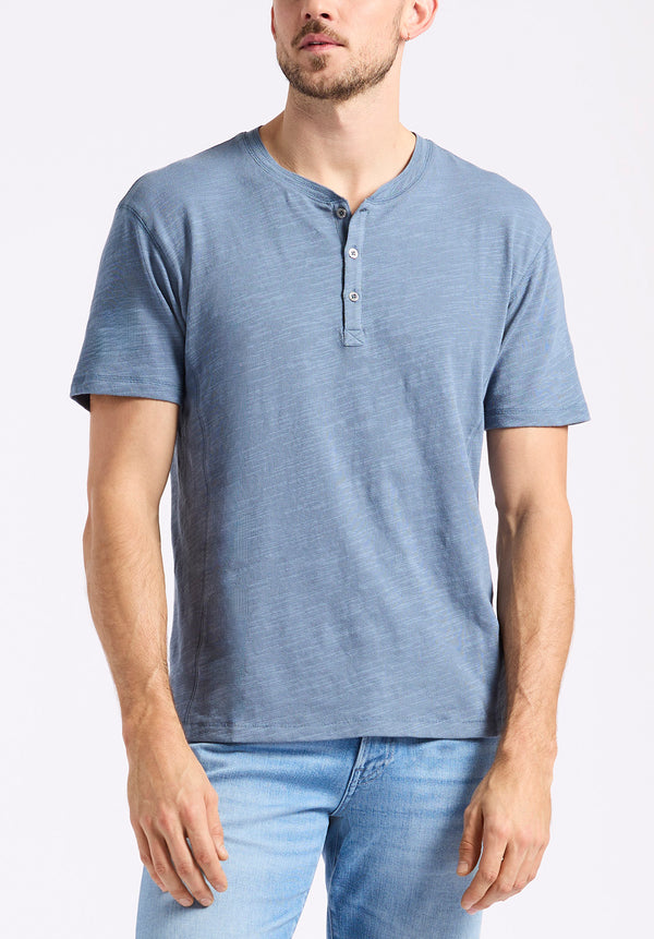 T-shirt Henley en jersey flammé coupe décontractée à manches courtes pour homme Kandido, Bleu mirage - BM24605