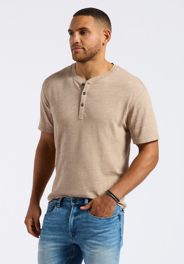 Kandido Men's Short Sleeve Slub Jersey Relaxed Henley Top, Tuffet Beige - BM24605