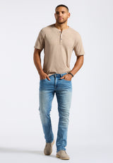 Kandido Men's Short Sleeve Slub Jersey Relaxed Henley Top, Tuffet Beige - BM24605