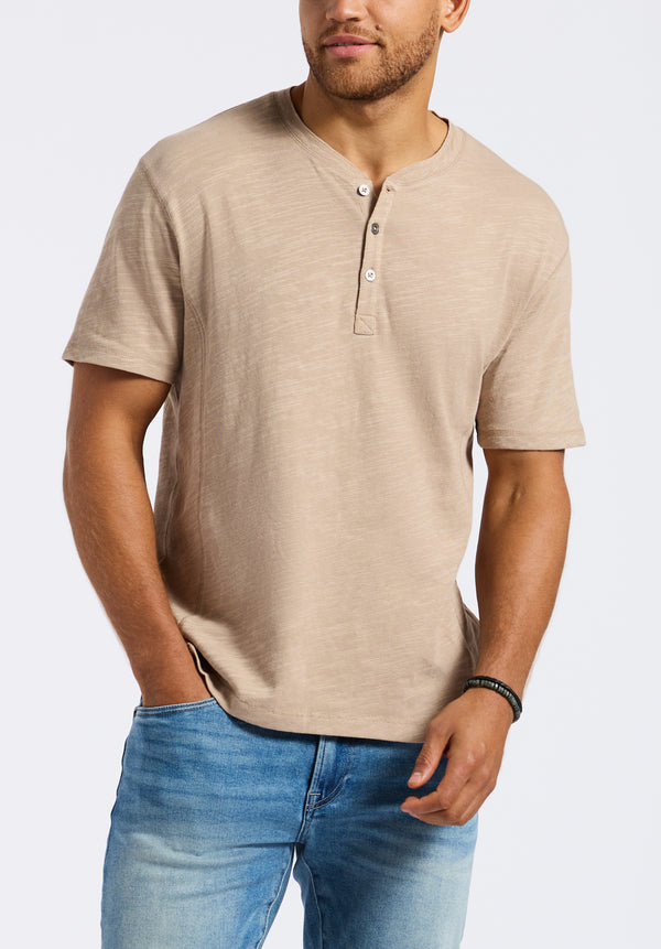 Kandido Men's Short Sleeve Slub Jersey Relaxed Henley Top, Tuffet Beige - BM24605