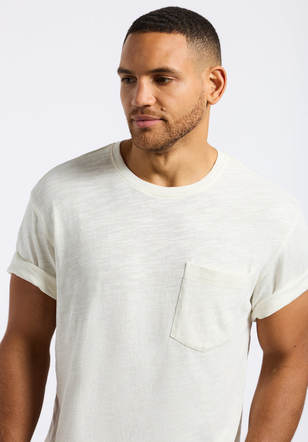 T-shirt en tricot flammé à col rond avec poche pour homme Kander, blanc - BM24606