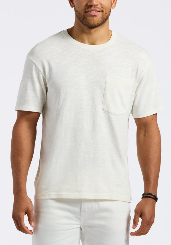 T-shirt en tricot flammé à col rond avec poche pour homme Kander, blanc - BM24606