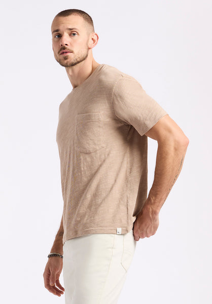 T-shirt en tricot flammé à col rond avec poche pour homme Kander, Beige tuffet - BM24606