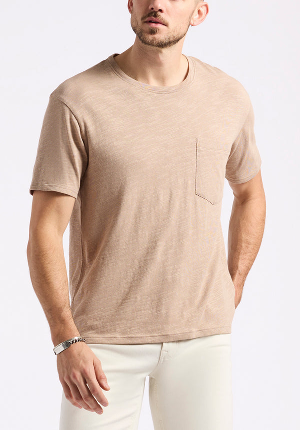 T-shirt en tricot flammé à col rond avec poche pour homme Kander, Beige tuffet - BM24606