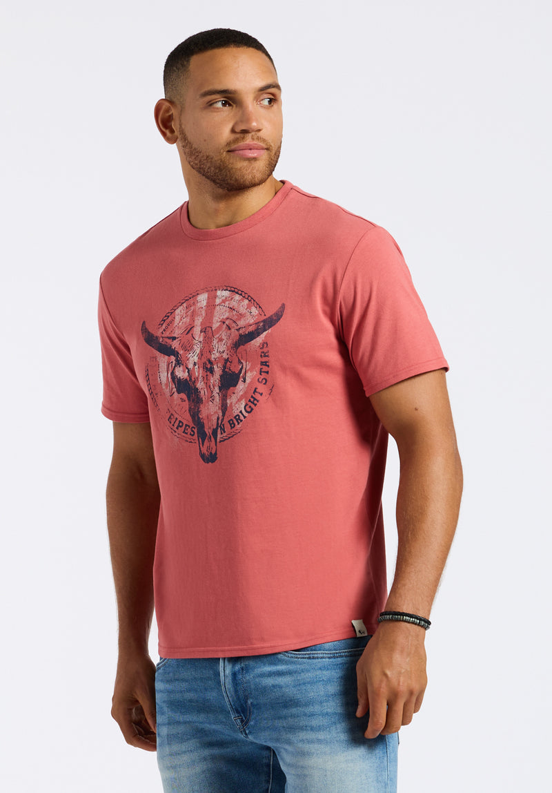 T-shirt graphique avec imprimé crâne de taureau pour homme Tarz, Rouge minéral - BM24649