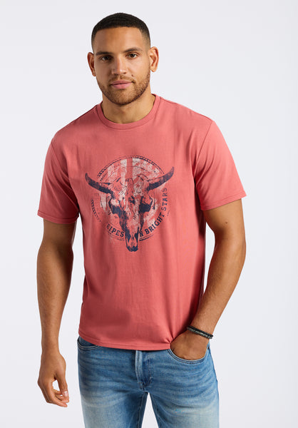 T-shirt graphique avec imprimé crâne de taureau pour homme Tarz, Rouge minéral - BM24649