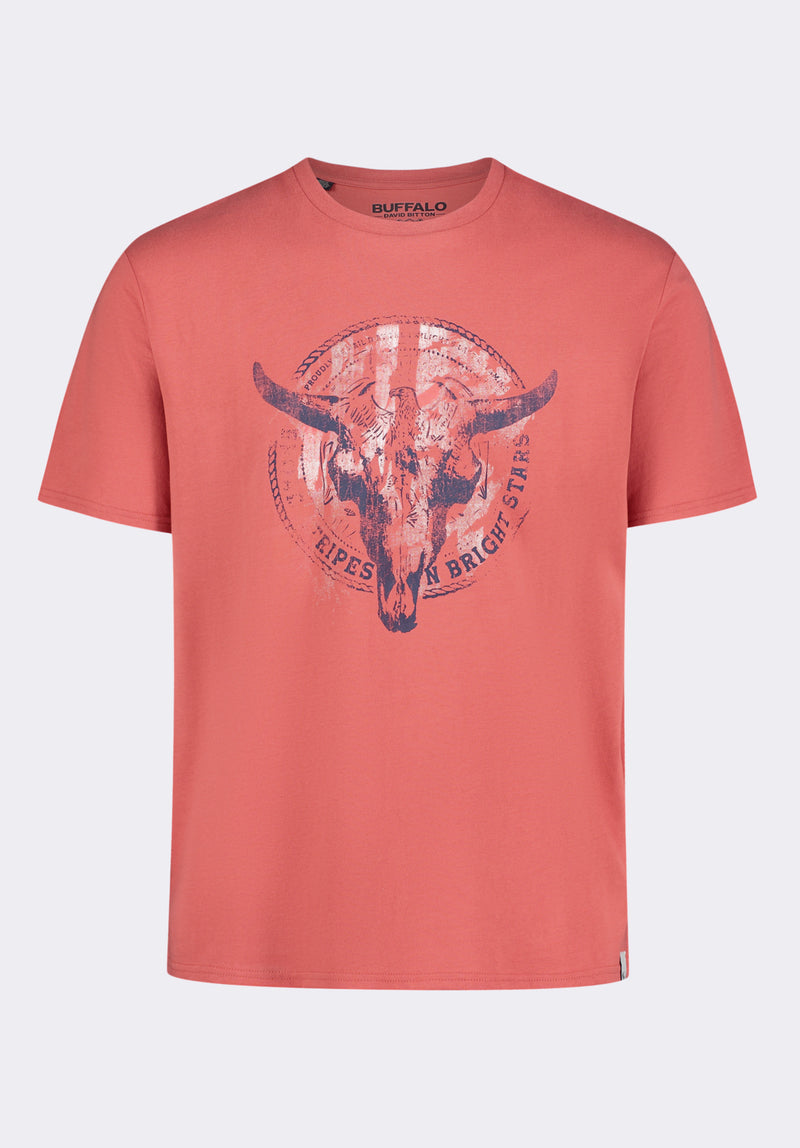 T-shirt graphique avec imprimé crâne de taureau pour homme Tarz, Rouge minéral - BM24649