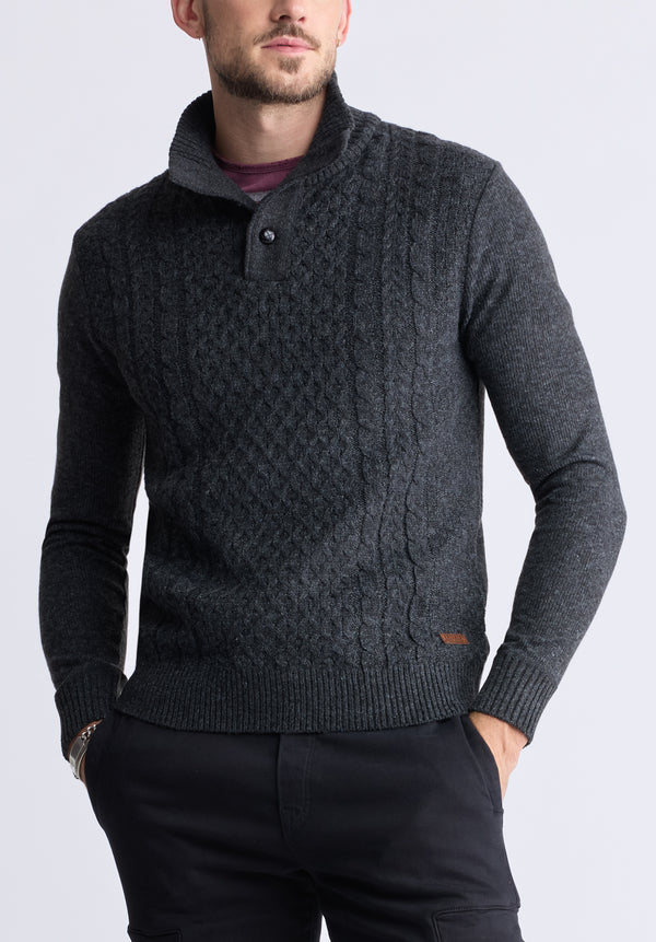 Watcher Men's Cable Knit Henley Sweater, Dark Grey - BPM14163