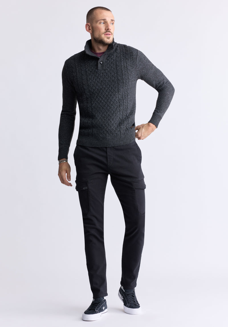 Watcher Men's Cable Knit Henley Sweater, Dark Grey - BPM14163