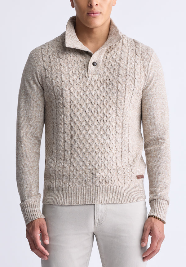 Watcher Men's Cable Knit Henley Sweater, Beige - BPM14163