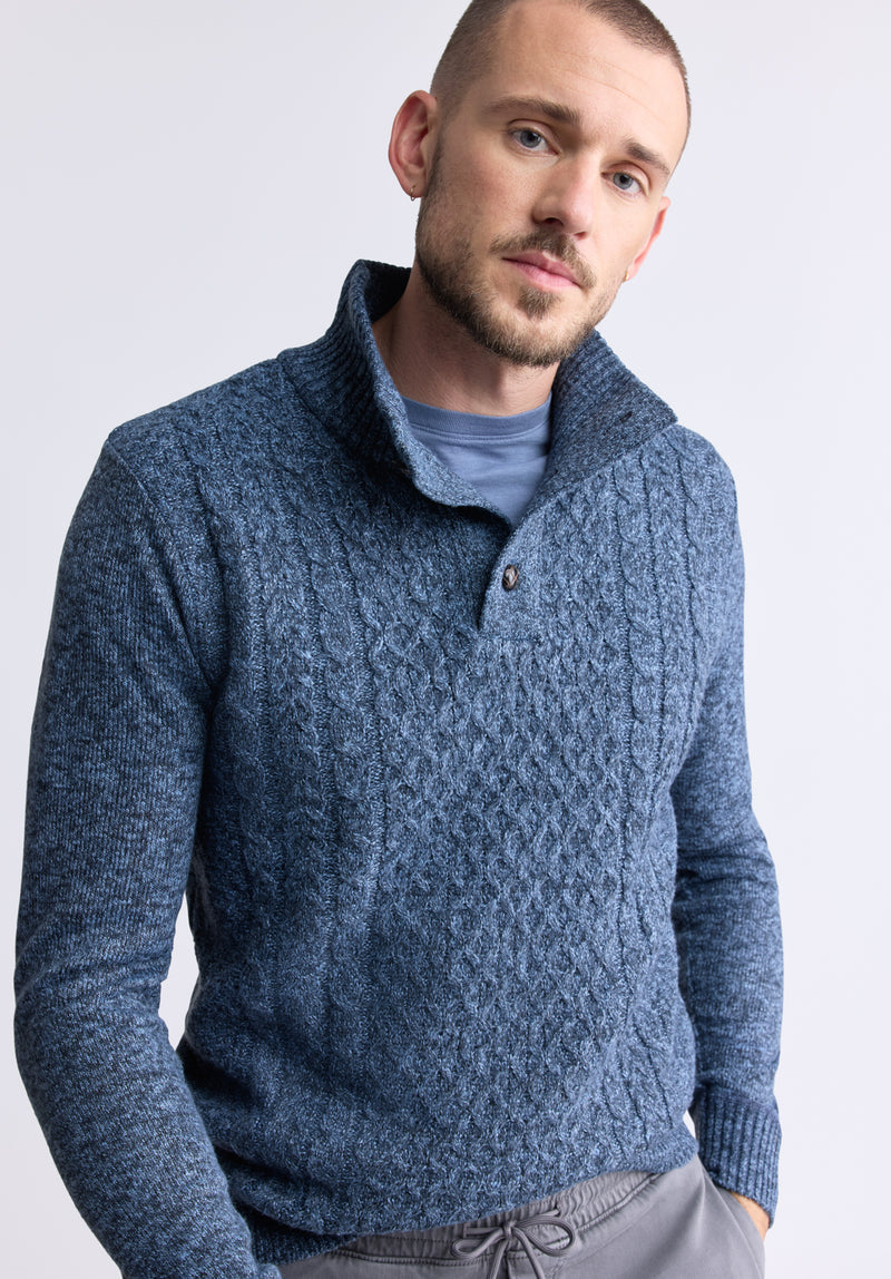 Watcher Men's Cable Knit Henley Sweater, Navy - BPM14163