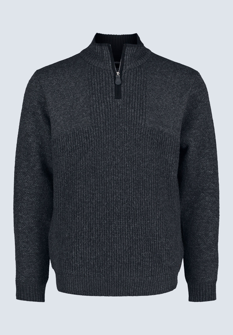 Wernek Men's Quarter-Zip Ribbed Knit Sweater, Dark Grey - BPM14177