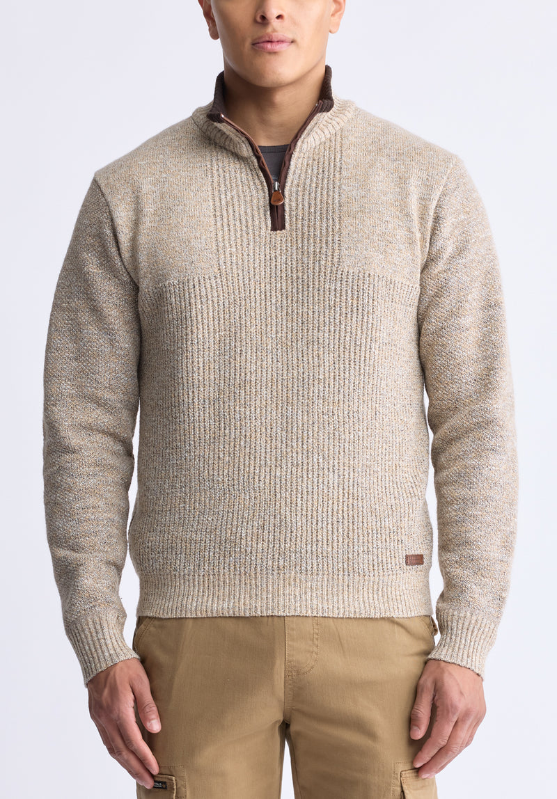 Werneck Men’s Quarter-zip Ribbed Knit Sweater, Beige - BPM14177