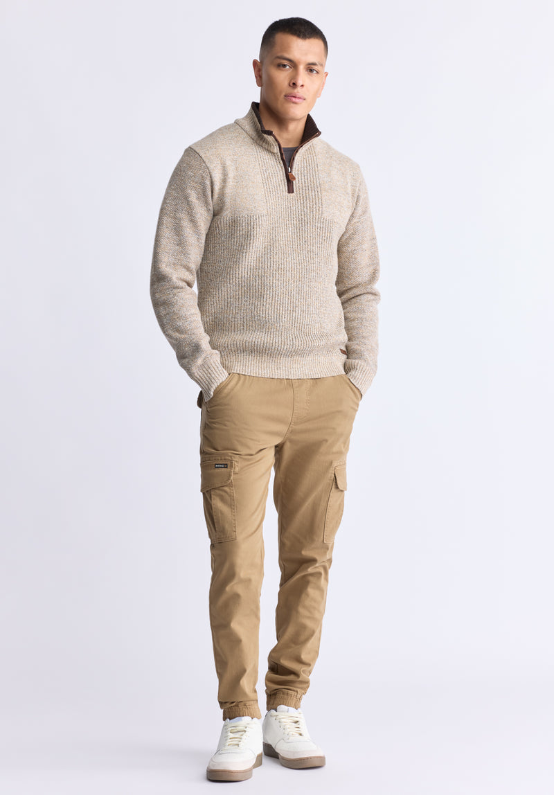 Werneck Men’s Quarter-zip Ribbed Knit Sweater, Beige - BPM14177