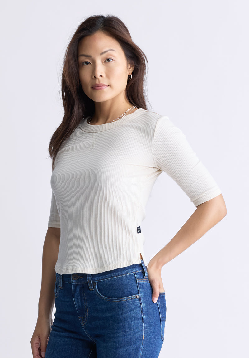 Buffalo David Bitton Tabbey Women's Elbow-Length Sleeve Ribbed Top, White - KT0166F Color WHITECAP GRAY