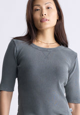 Buffalo David Bitton Tabbey Women's Elbow-Length Sleeve Ribbed Top, Raven Grey  - KT0152F Color RAVEN