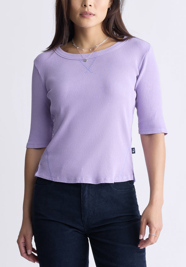 Buffalo David Bitton Tabbey Women's Elbow-Length Sleeve Ribbed Top, Purple - KT0152F Color PURPLE ROSE