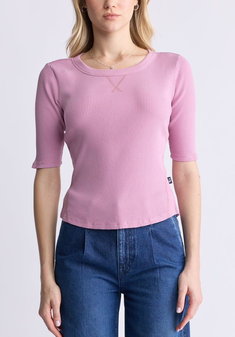 Buffalo David Bitton Tabbey Women's Elbow-Length Sleeve Ribbed Top, Pink - KT0152F Color LILAS