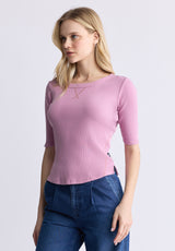 Buffalo David Bitton Tabbey Women's Elbow-Length Sleeve Ribbed Top, Pink - KT0152F Color LILAS