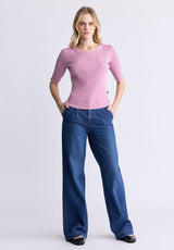 Buffalo David Bitton Tabbey Women's Elbow-Length Sleeve Ribbed Top, Pink - KT0152F Color LILAS