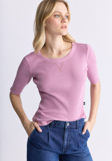 Buffalo David Bitton Tabbey Women's Elbow-Length Sleeve Ribbed Top, Pink - KT0152F Color LILAS