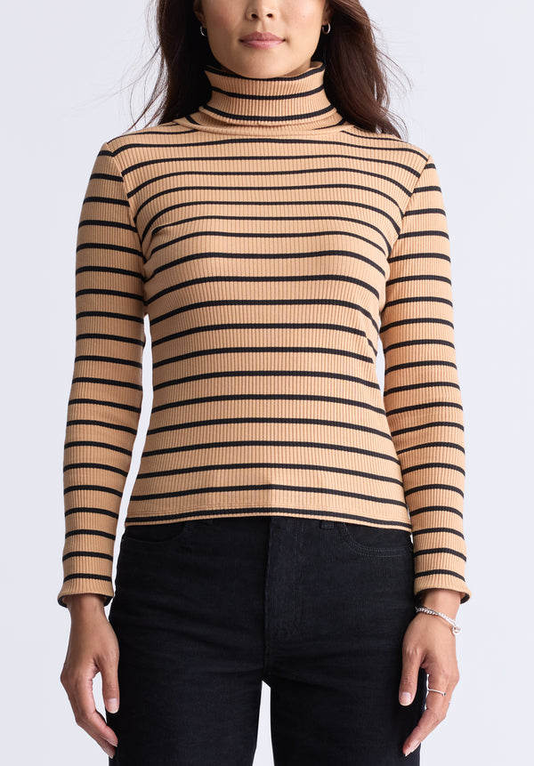 Mavra Women's Striped Ribbed Turtleneck Top, Beige - KT0161F